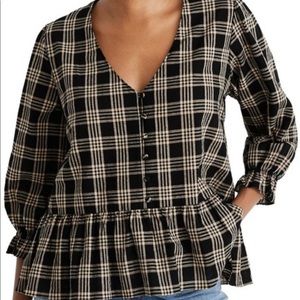 Madewell Plaid Courtyard 3/4 Sleeve Ruffled Top